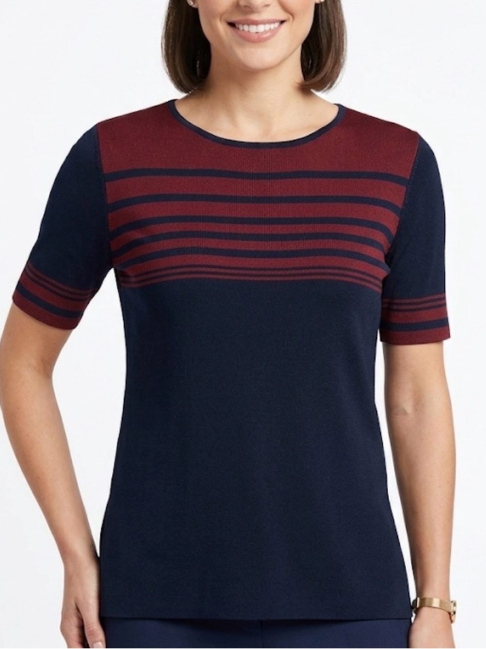 Misook Burgundy Navy Striped Knit Tunic Top Side Slit Short Sleeve L XL?